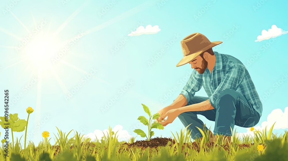 Young Farmer Cultivating Seedlings in Vibrant Nature Under Bright Sunlight in Rural Landscape, Illustrating Sustainable Agriculture and Hard Work Young Farmer Cultivating Seedlings in Vibrant Nature Under Bright Sunlight in Rural Landscape, Illustrating Sustainable Agriculture and Hard Work