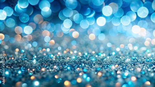 Blurred Light Blue Sparkling Background with Shiny Sky Glittery Bokeh from Christmas Garland - Macro Drone Photography of Sequins and Holiday Decor