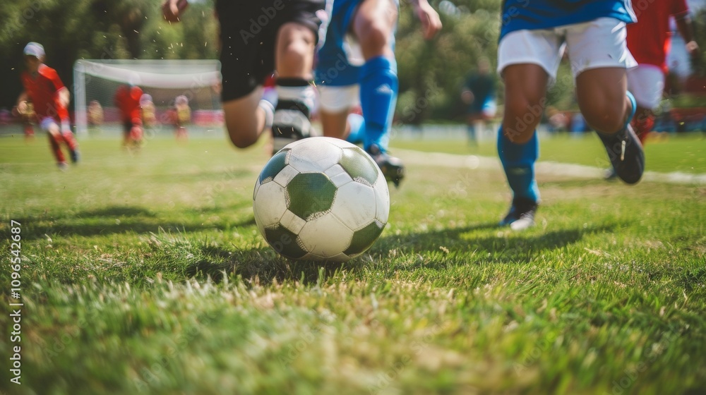 Soccer players chasing ball on field Soccer players chasing ball on field