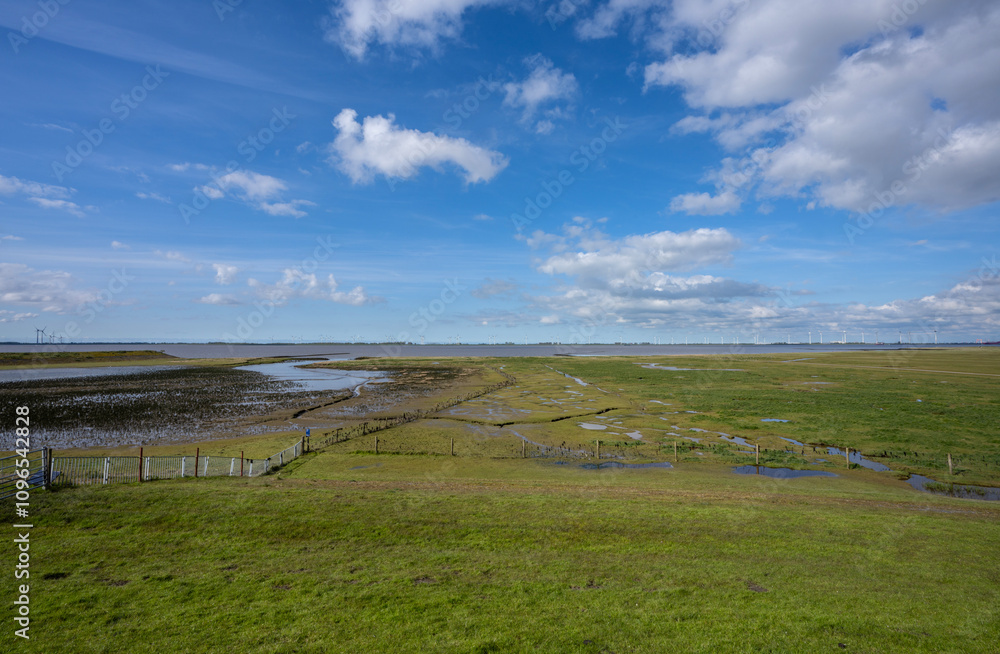 The salt marshes near Nieuwe Statenzijl in the province of Groningen. View of the Eems Dollard with the windmills on the German coast on the other side. The salt marshes near Nieuwe Statenzijl in the province of Groningen. View of the Eems Dollard with the windmills on the German coast on the other side.