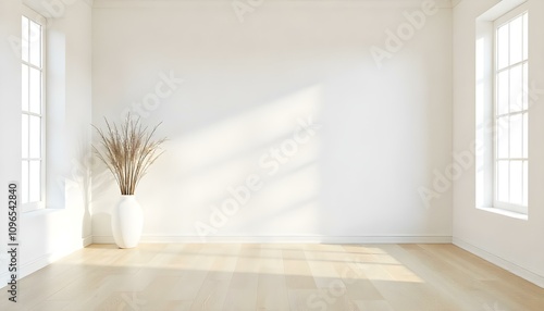 Empty room with white walls and wooden floor, a vase on the floor