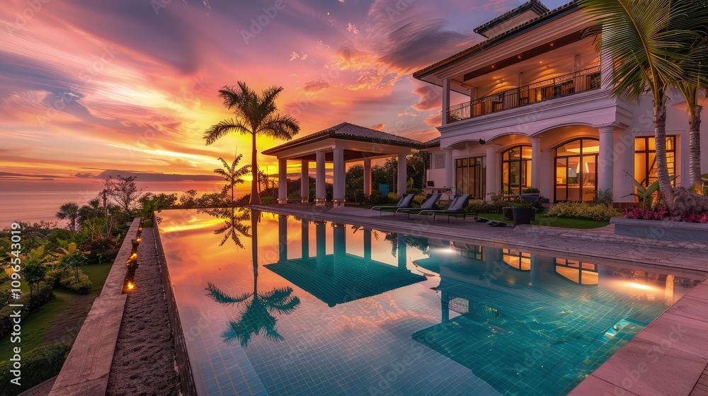 Fototapeta premium Subtle underwater lights cast a serene blue hue, illuminating the water and creating a tranquil, almost magical ambiance.