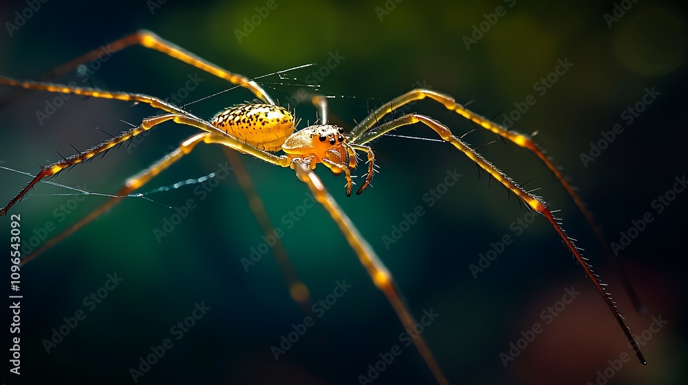 Dramatic focus on a golden spider spinning a delicate web in a dark environment Dramatic focus on a golden spider spinning a delicate web in a dark environment
