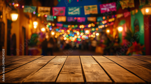 Vibrant Cinco de Mayo festive street with colorful lights and decorations