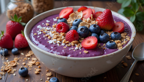 Close-up of blueberry smoothie bowl garnished with granola, coconut flakes and fresh fruits, rich creamy texture, rustic background with subtle bokeh effect