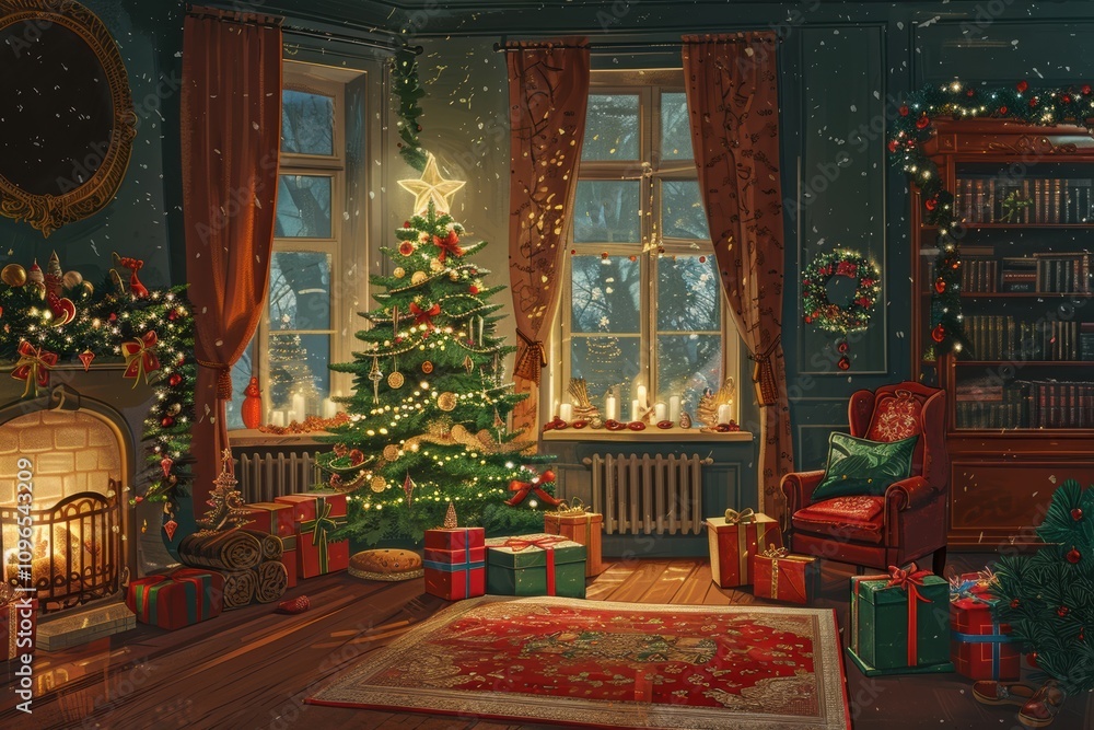 A decorated Christmas tree with glowing lights and wrapped gifts in a cozy room A decorated Christmas tree with glowing lights and wrapped gifts in a cozy room