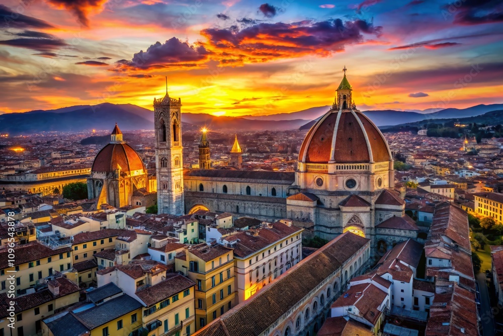 Fototapeta premium Breathtaking Aerial View of Florence Duomo and Panoramic Cityscape at Sunset, Capturing the Warm Glow Over Historic Architecture and Scenic Landscape