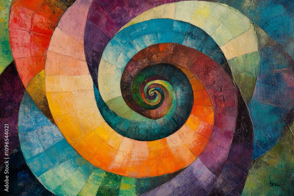 Fototapeta premium Vibrant Swirling Spiral Abstract Painting - Abstract art, spiral, color, energy, infinity. A captivating swirl of vibrant hues symbolizing growth, transformation, and the infinite.