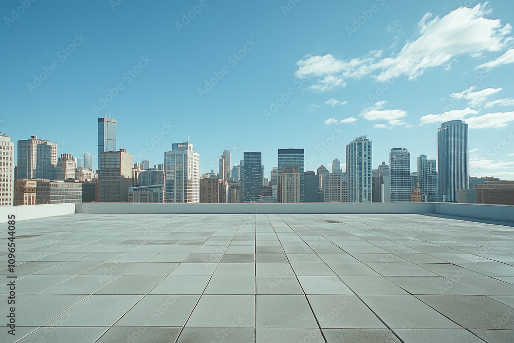Empty Rooftop with City Skyline and Clear Blue Sky Empty Rooftop with City Skyline and Clear Blue Sky