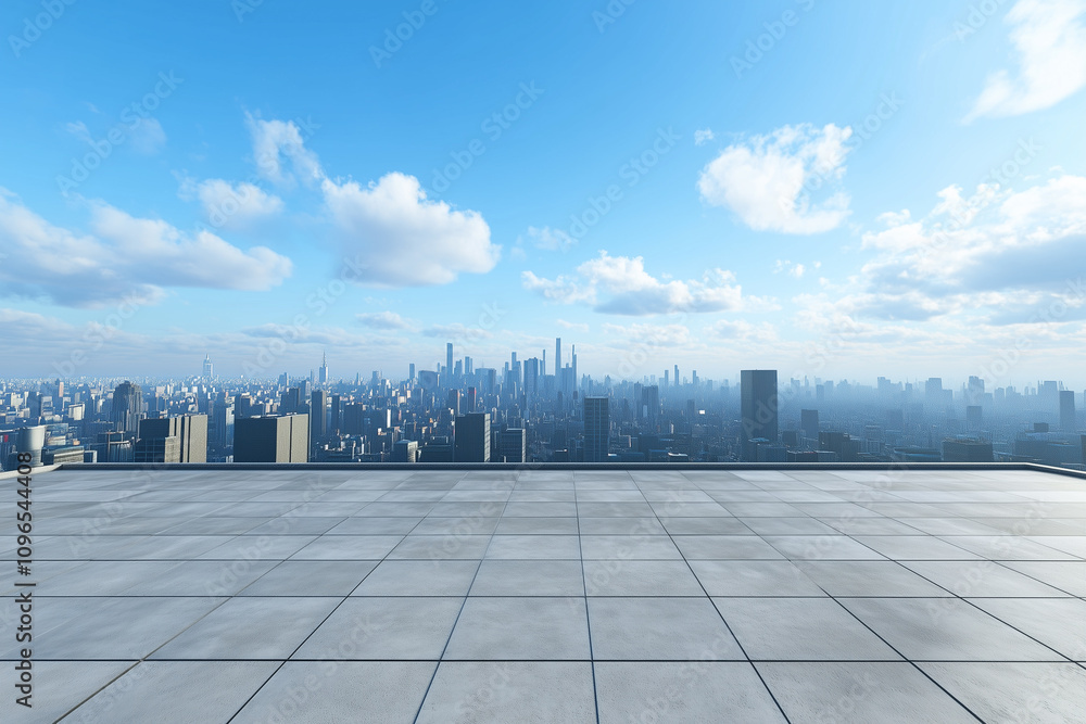 Fototapeta premium Empty Rooftop with City Skyline and Clear Blue Sky