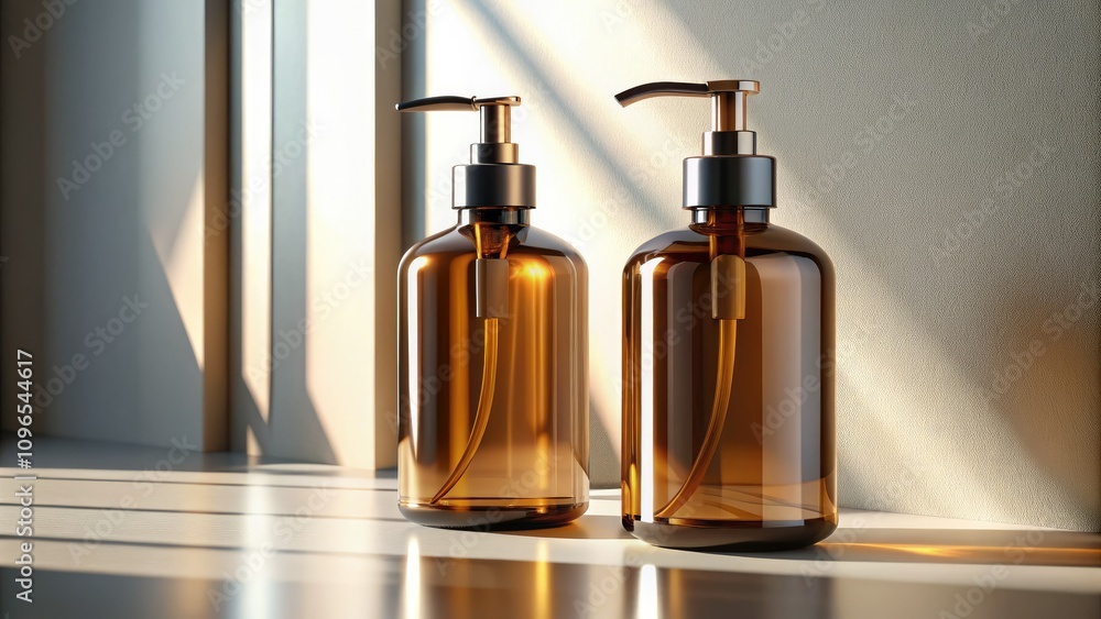Elegant amber glass pump bottle mock-up designed for liquid soap and shampoo, featuring a two-bottle set with blank labels ideal for branding and marketing. Elegant amber glass pump bottle mock-up designed for liquid soap and shampoo, featuring a two-bottle set with blank labels ideal for branding and marketing.