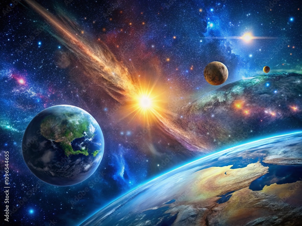 Breathtaking Cosmos Scene Featuring a Distant Asteroid and Planet Earth Against a Starry Background, Capturing the Beauty of Space and Celestial Wonders Breathtaking Cosmos Scene Featuring a Distant Asteroid and Planet Earth Against a Starry Background, Capturing the Beauty of Space and Celestial Wonders