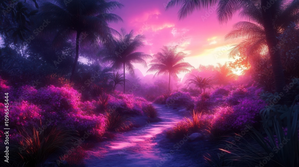 Enchanted Tropical Sunset Path in a Vibrant Jungle Enchanted Tropical Sunset Path in a Vibrant Jungle