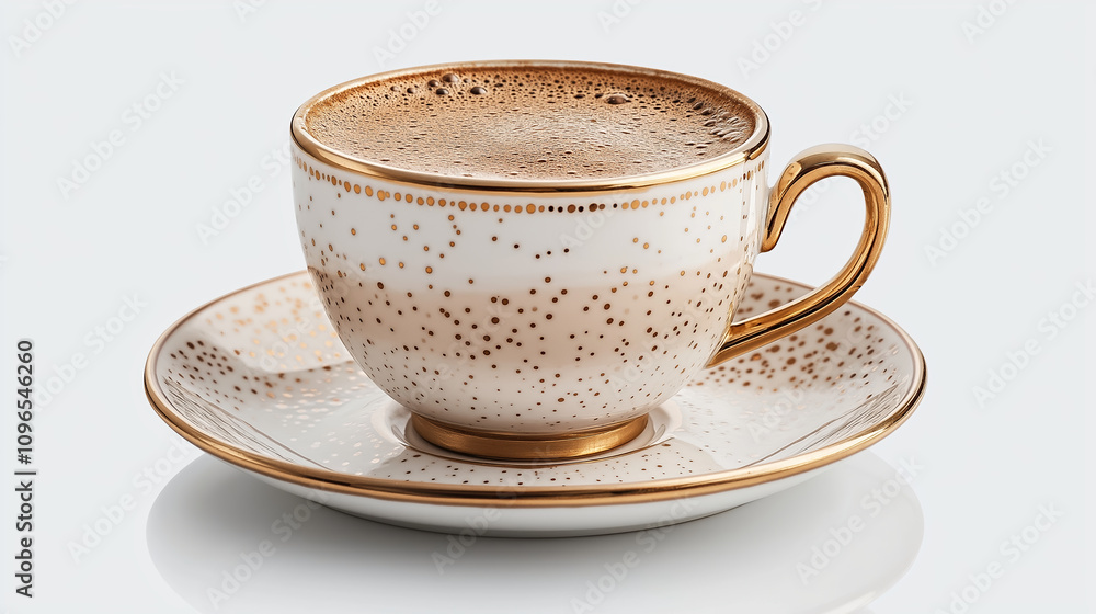 Elegant porcelain coffee cup with latte art on white background Elegant porcelain coffee cup with latte art on white background