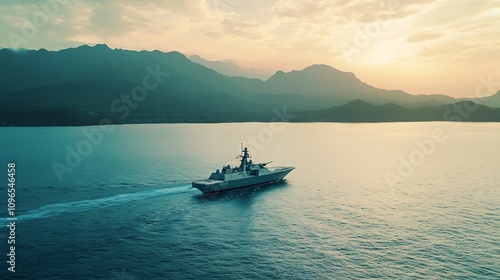 A naval ship navigates through calm waters at sunset, framed by mountains.