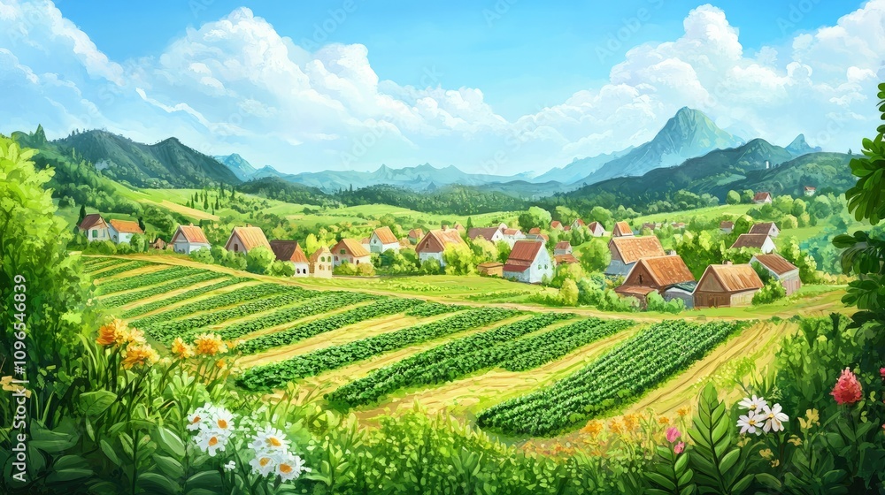 Serene Countryside Landscape with Rolling Green Fields, Charming Village Houses, and Lush Mountains Under a Bright Blue Sky in a Peaceful Setting Serene Countryside Landscape with Rolling Green Fields, Charming Village Houses, and Lush Mountains Under a Bright Blue Sky in a Peaceful Setting
