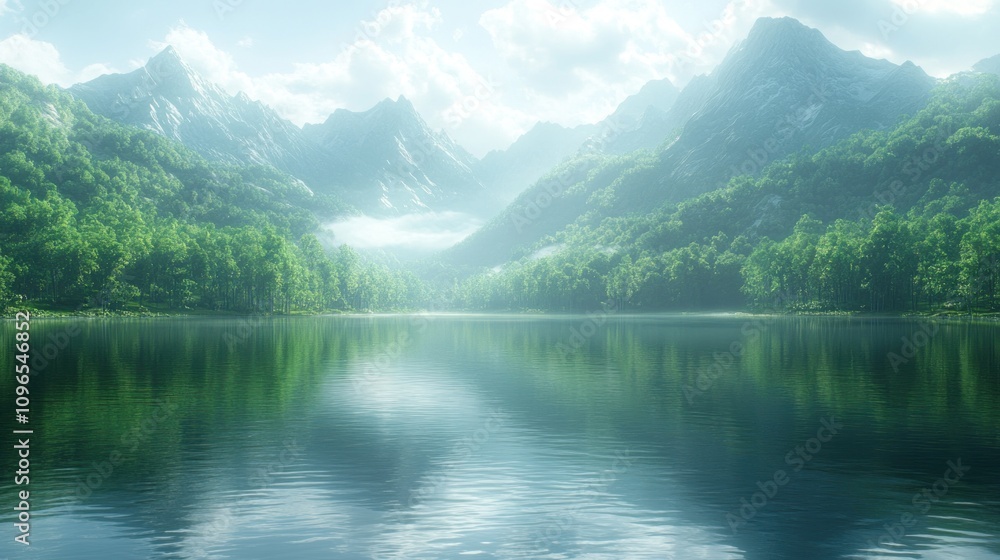Fototapeta premium Serene Mountain Lake Reflection: A Peaceful Escape