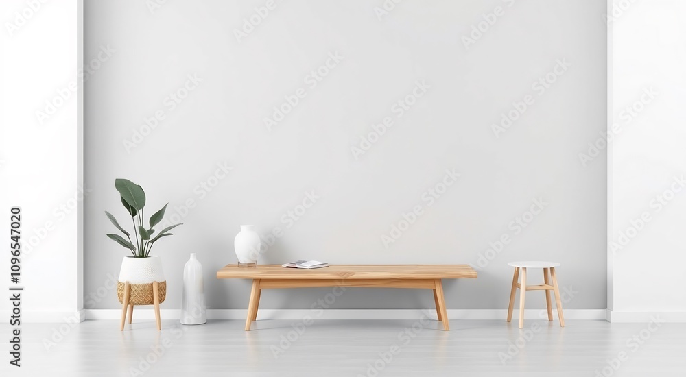 Minimalist living room interior with a wooden coffee table, a plant, a vase and a stool. Minimalist living room interior with a wooden coffee table, a plant, a vase and a stool.