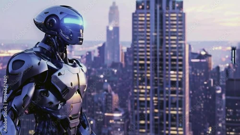 A steampunk robot with a top hat and goggles stands in a futuristic city with a blurry background of people and buildings. A steampunk robot with a top hat and goggles stands in a futuristic city with a blurry background of people and buildings.
