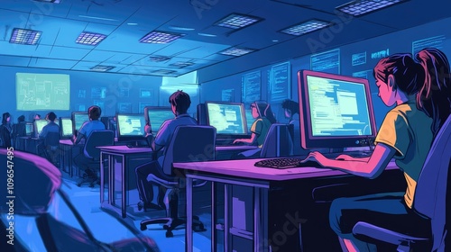 Modern Technology Workspace with Programmers Engaged in Coding Tasks and Data Analysis in a Dimly Lit Room Featuring Multiple Computer Screens