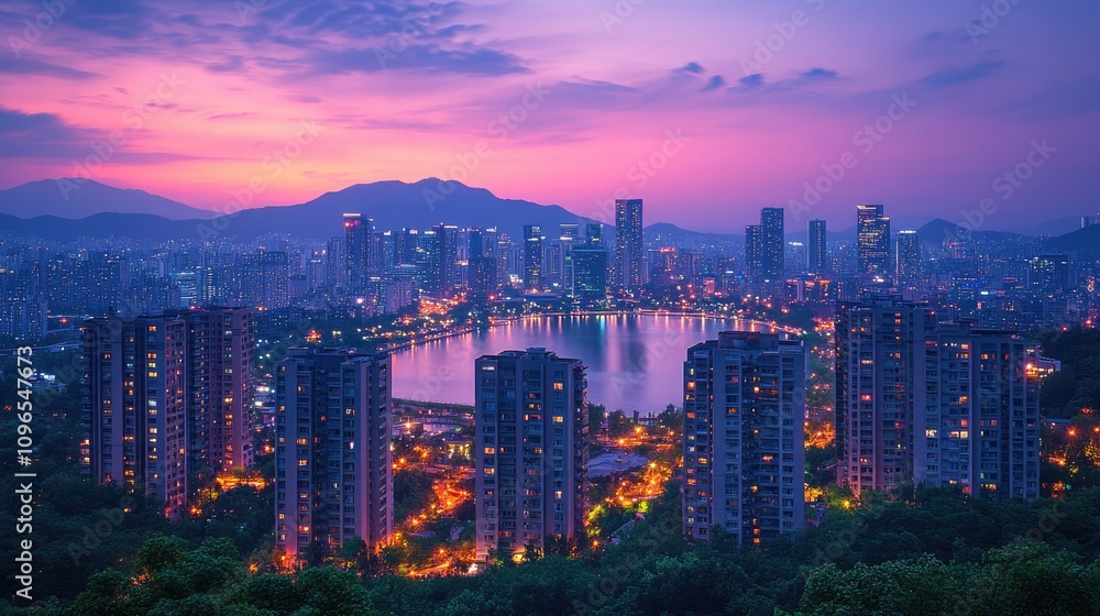 Naklejka premium Breathtaking cityscape at twilight with colorful sky and urban reflections