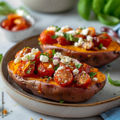 An appetizing and ultra realistic image of baked sweet potatoes topped or filled with feta cheese and small vine tomatoes, served on a plate, board, bowl, pan, casserole dish or pot photo