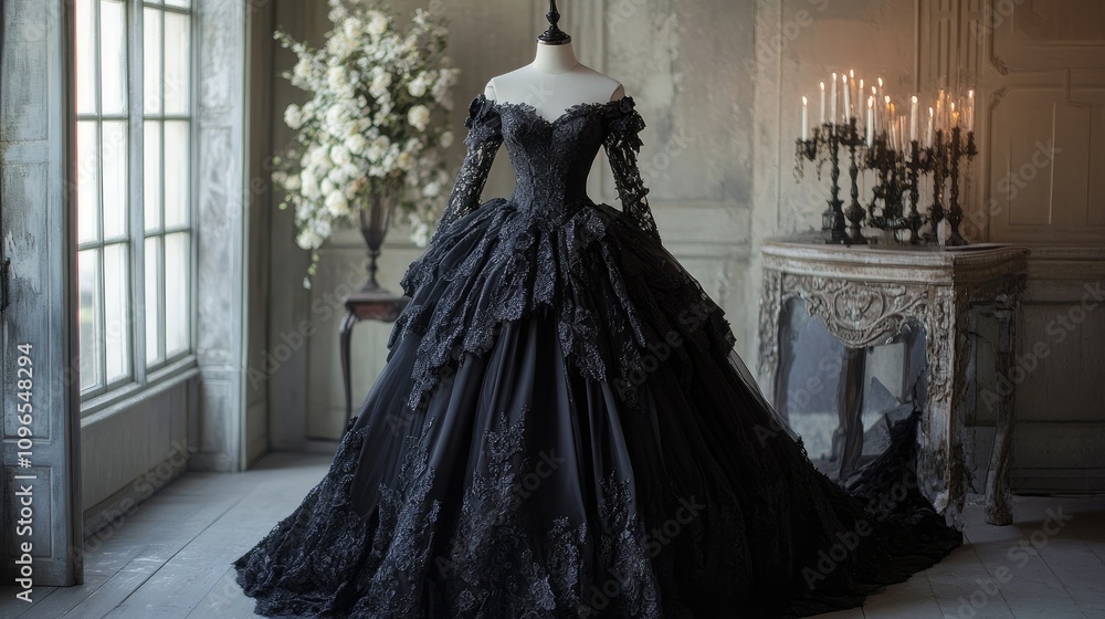 A stunning black gown displayed on a mannequin, showcasing intricate lace and elegant design. A stunning black gown displayed on a mannequin, showcasing intricate lace and elegant design.