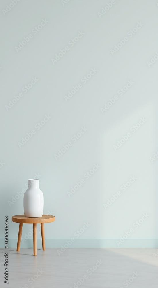 White vase on wooden table against a light blue wall. White vase on wooden table against a light blue wall.