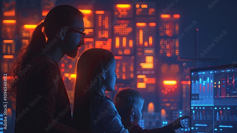 Fototapeta premium Family interacting with smart home technology, controlling lights and appliances