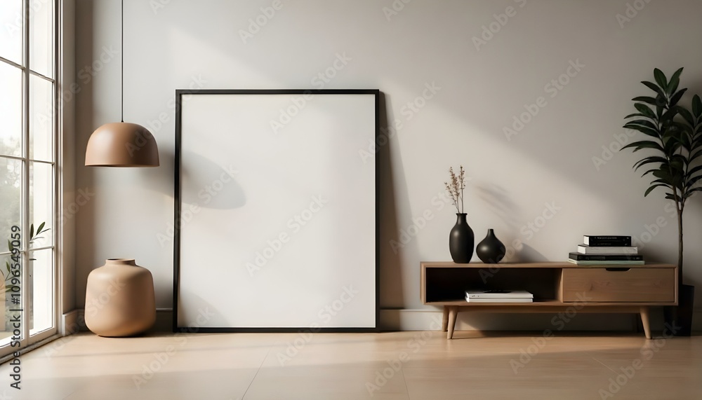 A large blank white frame leaning against a wall in a minimalist living room setting , with a wooden media console and various decorative objects A large blank white frame leaning against a wall in a minimalist living room setting , with a wooden media console and various decorative objects