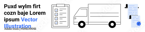 Delivery truck icon with checklist containing tick boxes, blue documents with stamps. Ideal for supply chain, logistics, task management, organizational planning, transportation services, delivery