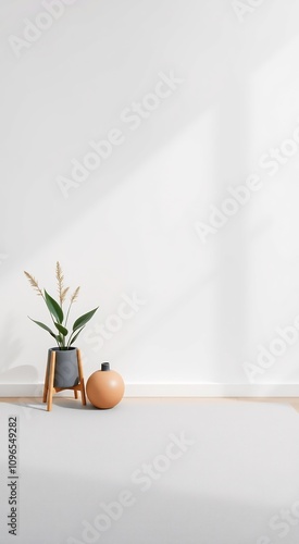 Minimalist interior design with potted plant and vase.