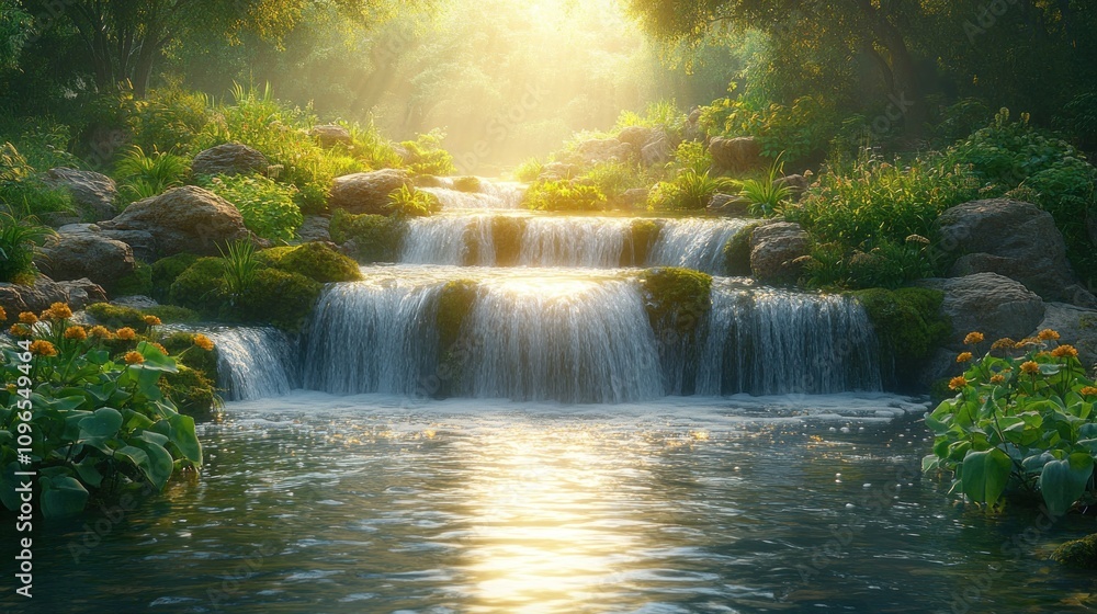 Serene Waterfall in Lush Garden: A Tranquil Oasis Serene Waterfall in Lush Garden: A Tranquil Oasis