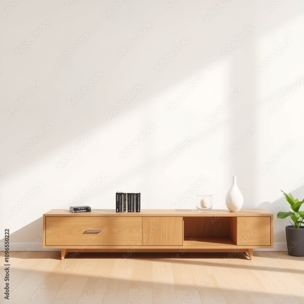 Modern wooden cabinet with books, vase, and plant. Modern wooden cabinet with books, vase, and plant.