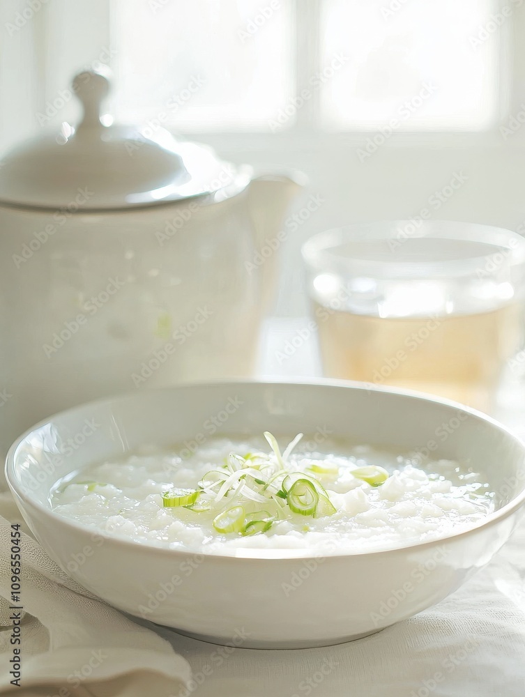 Enjoying warm congee cozy kitchen setting food bright natural light wellness concept Enjoying warm congee cozy kitchen setting food bright natural light wellness concept