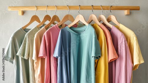 A collection of organic cotton t-shirts in soft pastel colors, displayed neatly on wooden hangers, each dyed with natural plant-based pigments, sustainability and simplicity photo