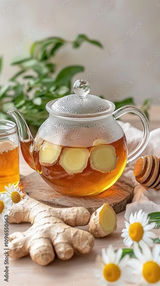 Brewing ginger tea with honey kitchen table food cozy environment close-up view wellness concept Brewing ginger tea with honey kitchen table food cozy environment close-up view wellness concept
