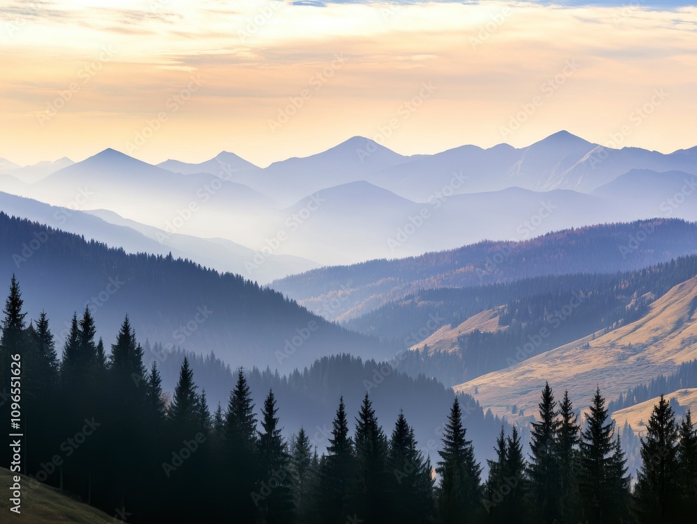 Obraz premium Misty Mountain Range at Sunrise