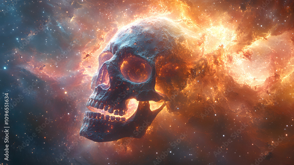 A surreal skull formed from vibrant nebulae in a psychedelic dark fantasy setting, blending cosmic elements with mysterious, otherworldly beauty, evoking themes of life, death, and the universe’s enig A surreal skull formed from vibrant nebulae in a psychedelic dark fantasy setting, blending cosmic elements with mysterious, otherworldly beauty, evoking themes of life, death, and the universe’s enig