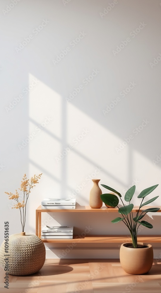 Minimalist living room interior with a wooden shelf, potted plants, and a vase on a white wall. Minimalist living room interior with a wooden shelf, potted plants, and a vase on a white wall.