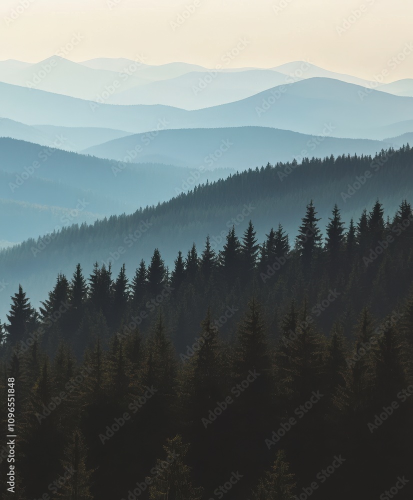 Obraz premium Misty Mountain Range and Pine Forest