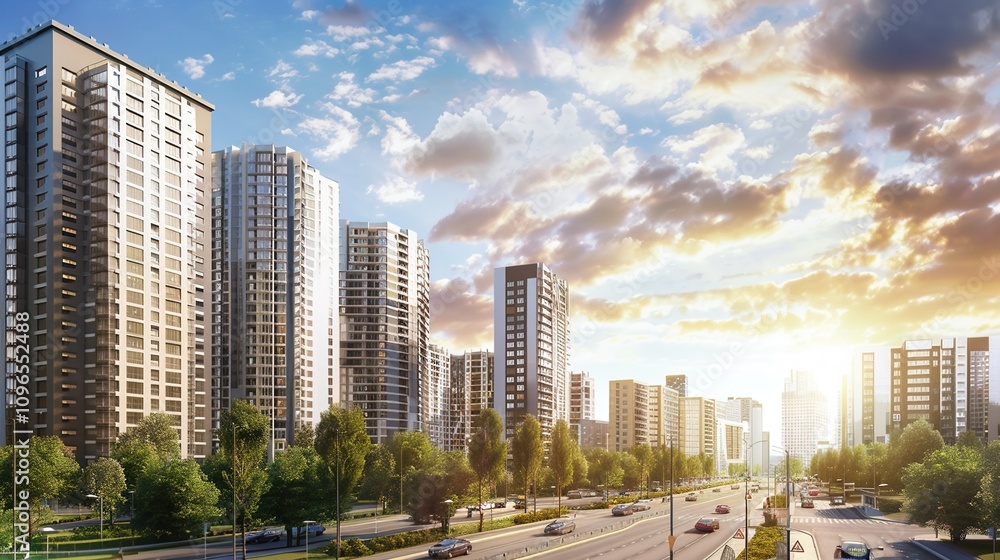 Naklejka premium A high-rise cityscape showcasing the bustling financial district, representing growth, ambition,