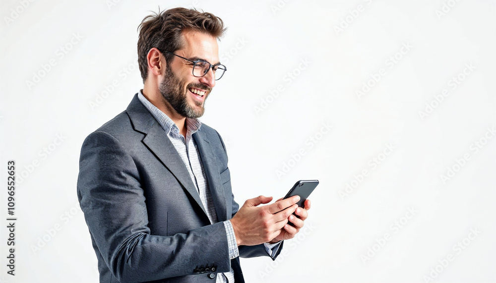 Happy business man of middle age wearing suit using phone standing isolated on white background. Busy mature businessman with smartphone in hands looking away advertising mobile services. Full body. Happy business man of middle age wearing suit using phone standing isolated on white background. Busy mature businessman with smartphone in hands looking away advertising mobile services. Full body.