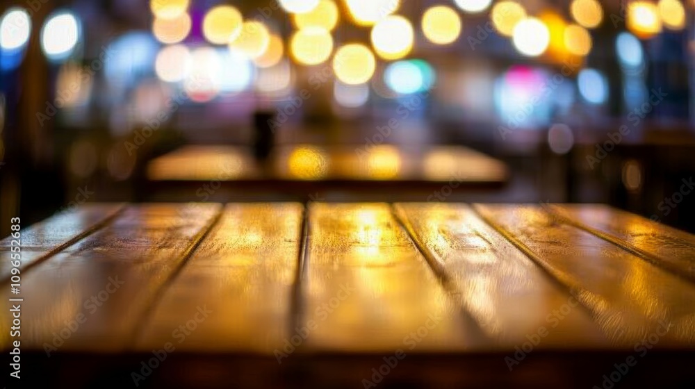 Empty wood table with blurred bokeh cafe light background, ideal for product display, showcasing business presentations, advertisements, and creative commercial concepts in a cozy, modern atmosphere Empty wood table with blurred bokeh cafe light background, ideal for product display, showcasing business presentations, advertisements, and creative commercial concepts in a cozy, modern atmosphere