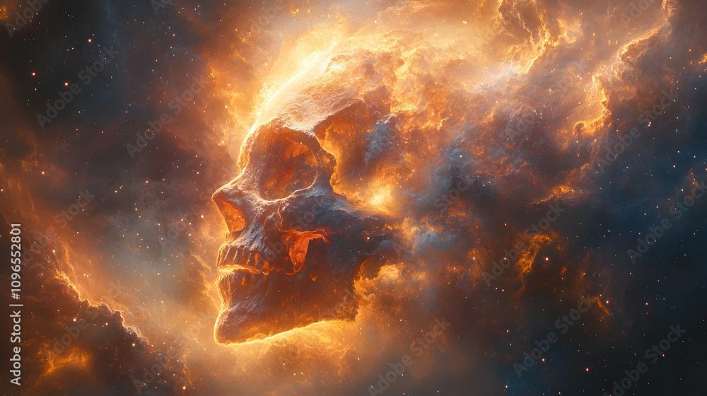 A surreal skull formed from vibrant nebulae in a psychedelic dark fantasy setting, blending cosmic elements with mysterious, otherworldly beauty, evoking themes of life, death, and the universe’s enig A surreal skull formed from vibrant nebulae in a psychedelic dark fantasy setting, blending cosmic elements with mysterious, otherworldly beauty, evoking themes of life, death, and the universe’s enig