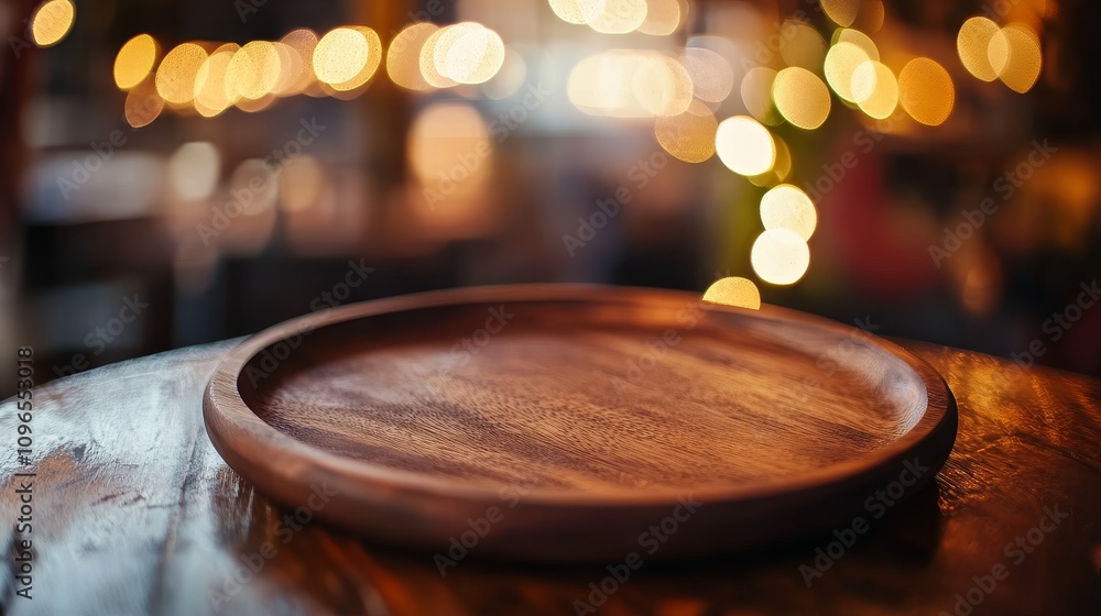 Obraz premium Empty wooden round tray placed on blurred cafe background with bokeh light effects. Ideal for food and product display concepts, restaurant menu, cafe service, and dining atmosphere