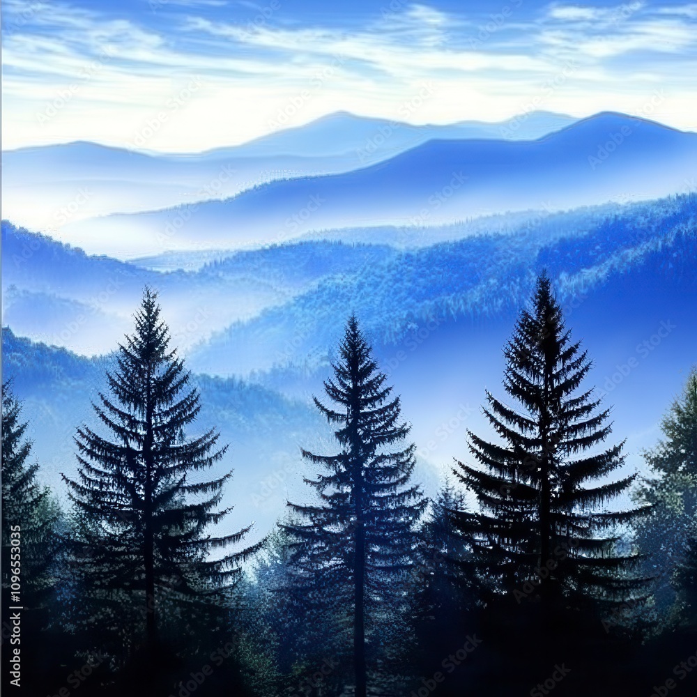 Fototapeta premium Misty Mountain Majesty: A Serene Landscape of Silhouetted Pines and Blue Haze