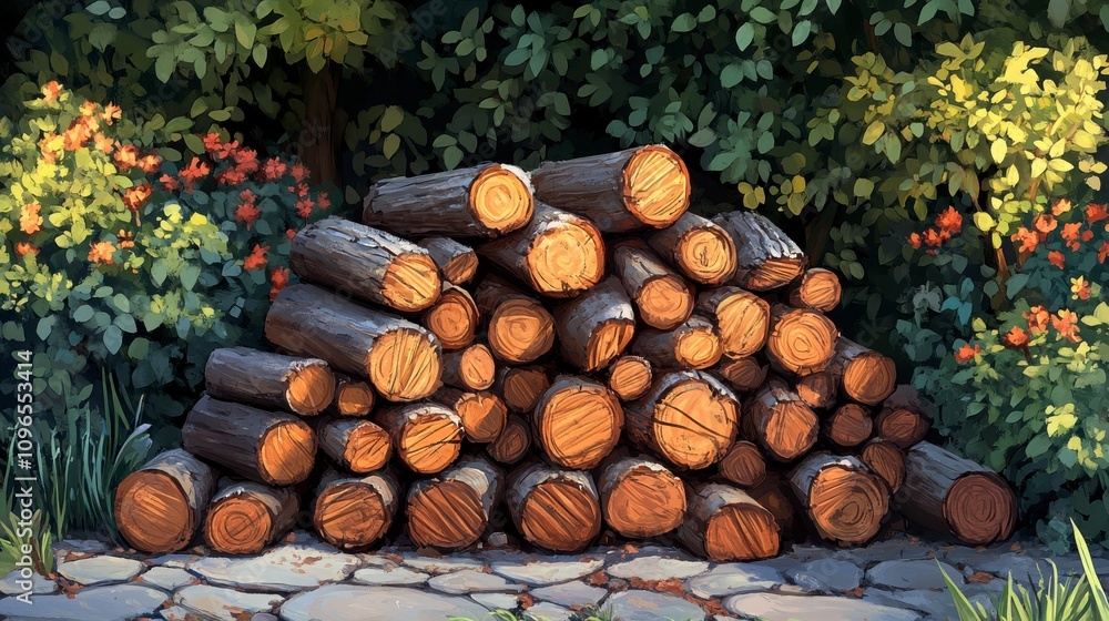 Rustic Garden Scene with Stacked Firewood and Lush Foliage Rustic Garden Scene with Stacked Firewood and Lush Foliage