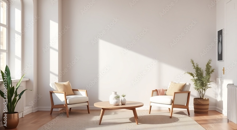 Two chairs and a table in a minimalist living room with a white wall. Two chairs and a table in a minimalist living room with a white wall.