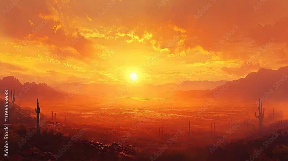 Naklejka premium Breathtaking Sunset Over Desert Landscape with Silhouetted Cacti and Mountains under a Colorful Sky Illuminated by Warm Hues of Nature's Beauty